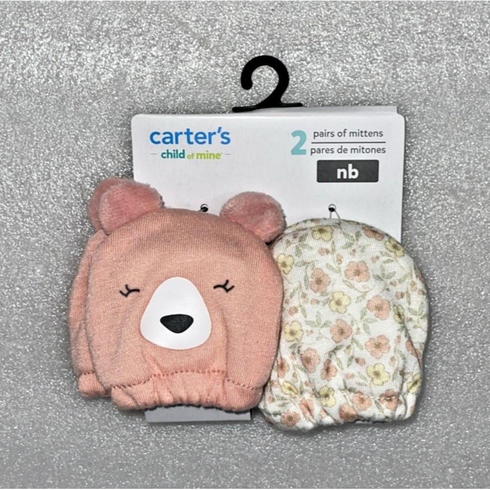 Carter's Child of Mine Baby Girl Infant Pink Bear & Flower 2 Mittens Newborn NEW